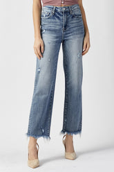 RISEN Women's High Waist Raw Hem Straight Jeans - Chic & Versatile Denim